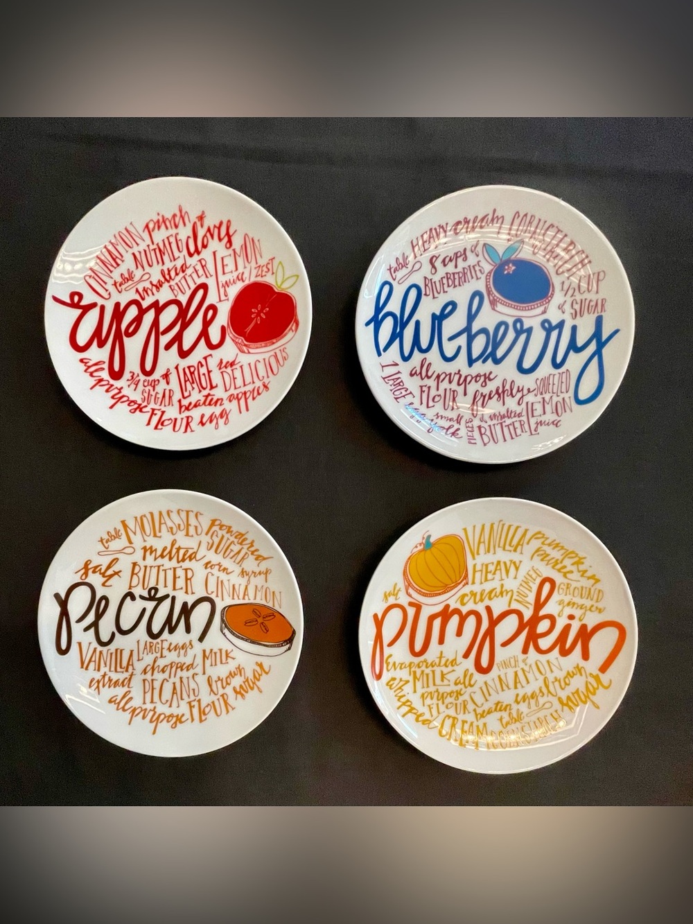 Set of 4 Dessert-Themed Ceramic Plates (Apple, Blueberry, Pecan, Pumpkin)